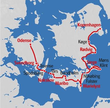 Karte mit Radroute von Kopenhagen durch dänische Inseln über Køge, Rødvig, Møns Klint, Marielyst, Nakskov, Maribo nach Odense via Svendborg.