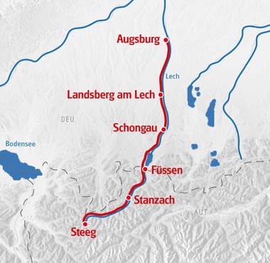 Karte des Lechradwegs in Rot, der von Steeg über Stanzach, Füssen, Schongau und Landsberg am Lech bis Augsburg entlang des Lechs verläuft.