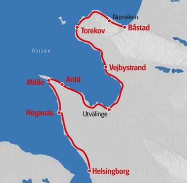 Karte des Skåneleden Wanderwegs in Südschweden mit roter Routenlinie durch Helsingborg, Höganäs, Mölle, Arild, Utvälinge, Vejbystrand, Torekov, Norrviken und Båstad entlang der Küste.