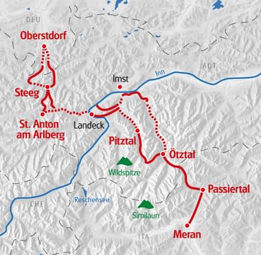Wanderkarte der Alpenüberquerung von Oberstdorf nach Meran über Steeg, St. Anton am Arlberg, Pitztal, Ötztal und Passiertal mit Geländerelief.