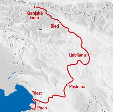 Karte mit Radroute von Kranjska Gora über Bled, Ljubljana, Postojna und Triest nach Piran entlang der slowenischen Küste.