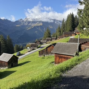 Traditionelle Holzchalets verstreut auf grünen Almwiesen mit Berggipfeln und Wolken im Hintergrund. Via Alpina Route in der Ostschweiz.