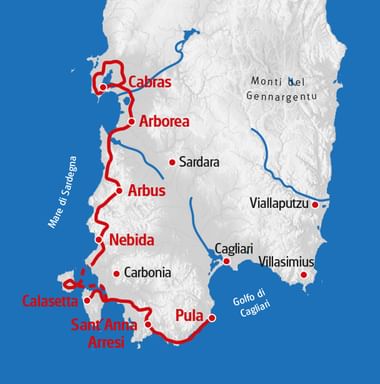 Karte von Sardinien mit einer roten Küstenroute, die Städte wie Cabras, Arborea, Arbus, Nebida, Calasetta und Sant'Anna Arresi an der Westküste verbindet.
