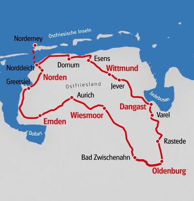 Karte mit Radroute durch Ostfriesland mit roter Linie, die Städte wie Norden, Wittmund, Dangast, Oldenburg, Emden und Küsteninseln verbindet.