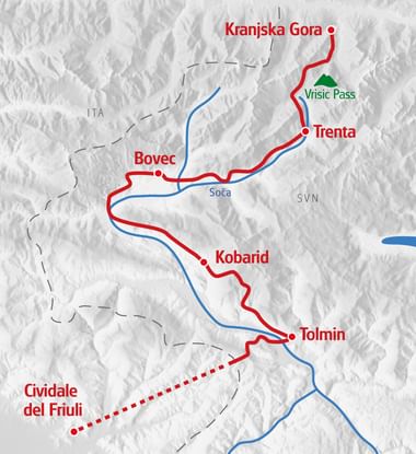Carte du sentier Alpe Adria en rouge à travers les Alpes, reliant Kranjska Gora, Trenta, Bovec, Kobarid, Tolmin à Cividale del Friuli.