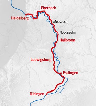 Karte des Neckar-Radwegs mit roten und blauen Linien, die Städte von Heidelberg über Eberbach, Heilbronn, Ludwigsburg, Esslingen nach Tübingen verbinden.