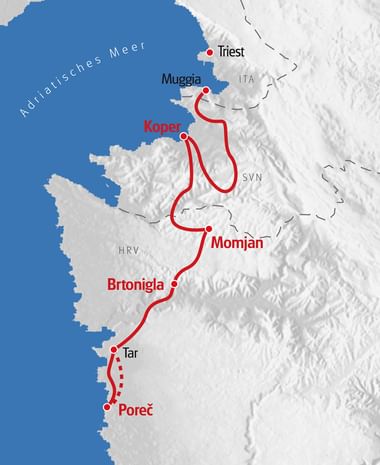 Karte der Halbinsel Istrien mit roter Wanderroute, die Städte verbindet: Triest, Muggia, Koper, Momjan, Brtonigla, Tar und Poreč an der Adria.