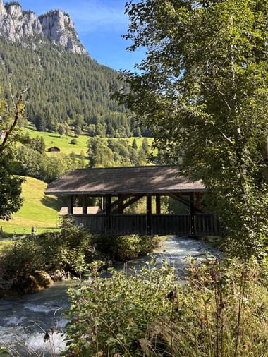 Überdachte Holzbrücke über einen Bergbach bei Grimmialp, mit grünen Wiesen, Alphütten und felsigen Gipfeln im Hintergrund.