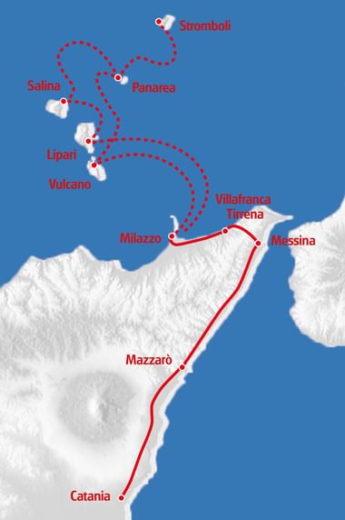 Routenkarte mit Radweg durch Sizilien von Catania über Mazzarò, Messina, Milazzo zu den Liparischen Inseln mit Vulcano, Lipari, Salina, Panarea und Stromboli.