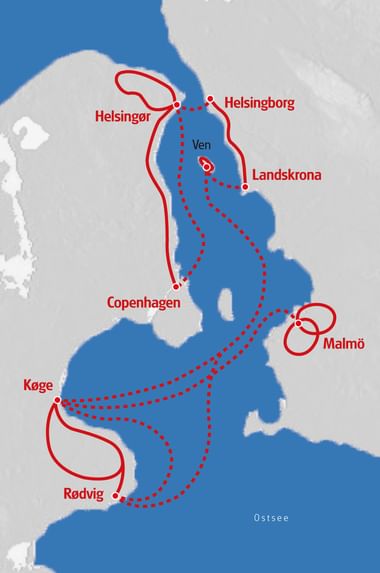 Karte mit Rad- und Schiffsroute durch Dänemark und Schweden, die Kopenhagen, Helsingør, Helsingborg, Landskrona, Malmö, Køge und Rødvig verbindet.