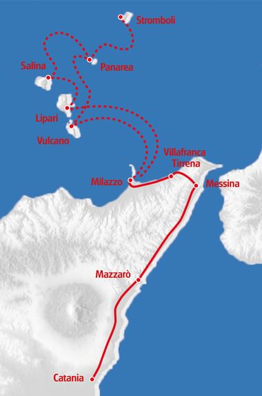 Karte der Radroute in Sizilien von Catania über Mazzarò, Messina, Milazzo zu den Liparischen Inseln mit Vulcano, Lipari, Salina, Panarea und Stromboli.