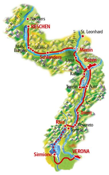 Topographic cycling map showing route from Lake Reschen to Verona through South Tyrol and Trentino, marking cities like Meran, Bozen, Trient.