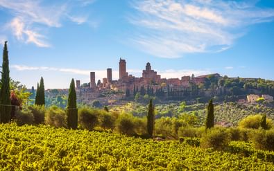 Mittelalterliche Hügelstadt San Gimignano mit charakteristischen Steintürmen über toskanischer Landschaft mit Weinbergen und Zypressen.