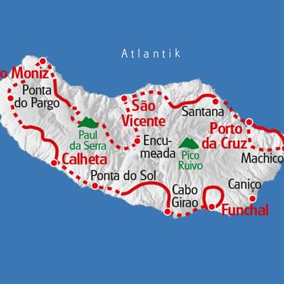 Die Route der individuellen Madeira Tour ist rot in der Karte eingezeichnet.