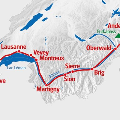 Zeichnung einer Route von Andermatt nach Genf