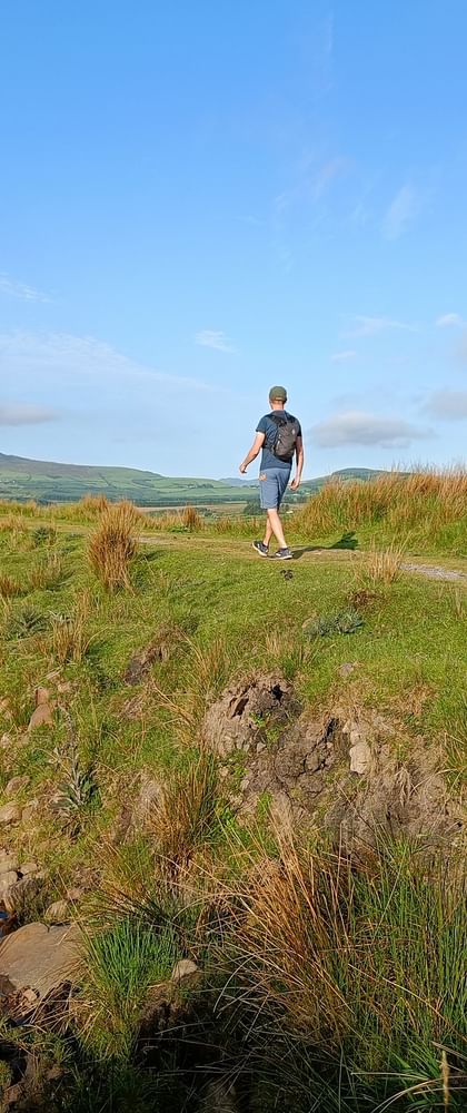 Un randonneur marche sur un chemin de terre dans la campagne verdoyante d'Irlande