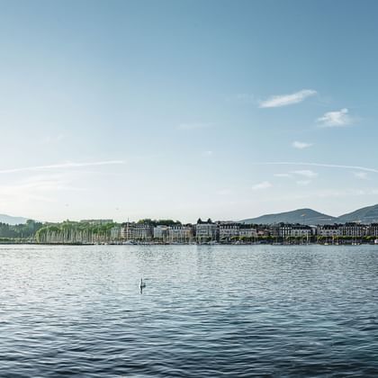 Blick auf den Lac Léman und die Stadt Genf im Hintergrund. Aktivferien mit Eurotrek.
