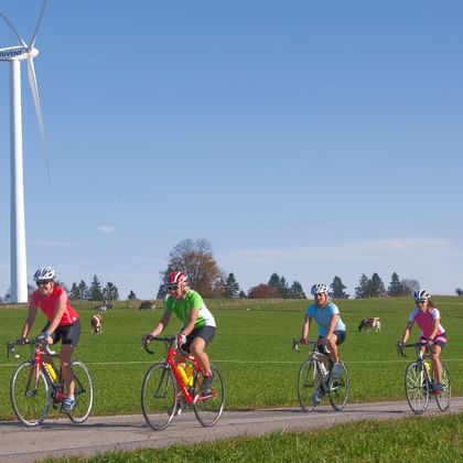 Cyclists ride on Mont Crison in the canton of Bern. Pastures and wind turbines in the background.
