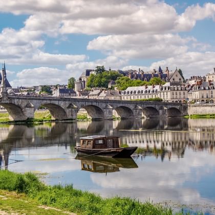 You can see a stone bridge over the Loire. Blois Castle is located on the other side of the river.