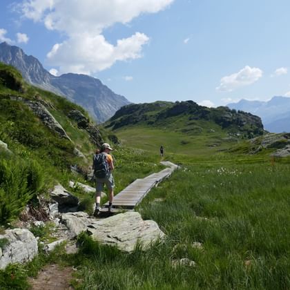 Wanderer wandern auf einem schmalen Holzweg durch die Berge auf dem Weg von Maloja nach Grevasalvas.