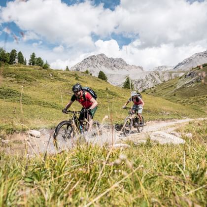 Zwei Biker fahren den Marathon durch den Nationalpark im Graubünden.