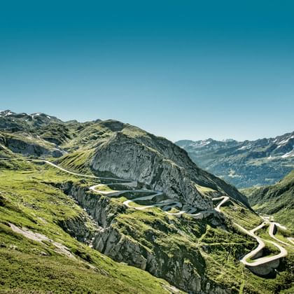 The pass road winds its way up the Gotthard.