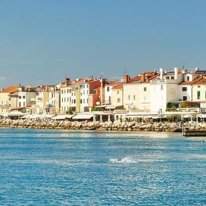 Ein Panoramabild der Küste von Piran.