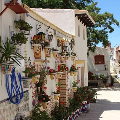Ein schmaler Weg führt durch eine klassische Häuserreihe in Alicante.