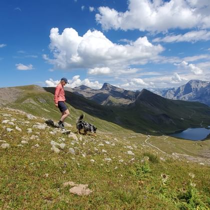 Frau mit Hund wandert einen Hügel hinunter in den Berner Alpen, im Hintergrund ist ein Bergsee zu sehen.