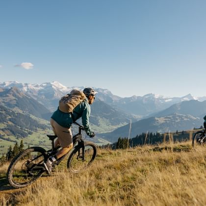 Two mountain bikers riding through golden grass on a hillside near Gstaad with snow-capped alpine peaks and green valleys in the background.