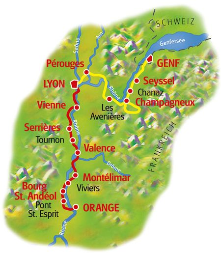 Map Rhone Cycle Path Geneva - Lyon - Orange