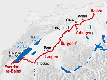 Die Velotour Alter Bernerweg von Eurotrek startet in Yverdon-les-Bains und führt der Aare hoch bis nach Baden.