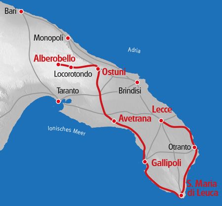 Velo Apulien Route in roter Farbe auf der Karte markiert.