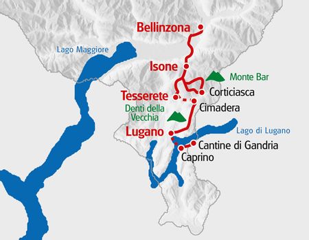 Die Wandertour Traumpfade des Tessins von Eurotrek startet in Bellinzone und verläuft über Lugano bis nach Cantine di Gandria.