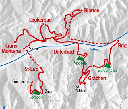 Karte mit Velo-Routen im Wallis