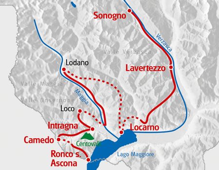 Route Tessiner Täler in roter Farbe auf der Karte markiert.