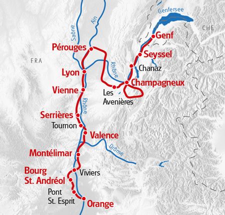 Velo Rhone-Radweg Genfersee - Lyon - Orange Karte