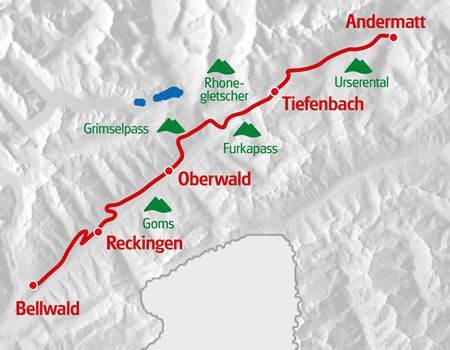 Gommer und Furka höhenweg. Tourenplan für die Route von Andermatt nach Bellwald.