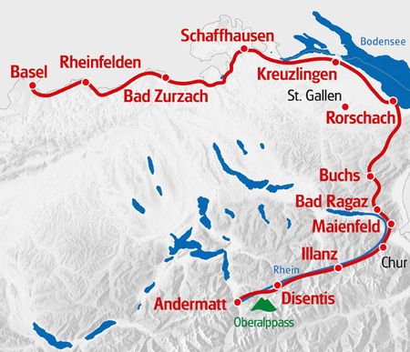 Tourenkarte für die Genusswanderung von Andermatt nach Basel.