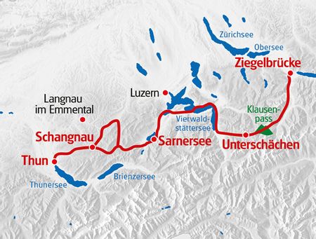 Karte die eine Route von Thun nach Ziegelbrücke anzeigt.