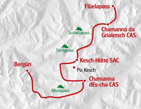 Das ist der Tourenverlauf der Tour Alpine Kesch Trek von Eurotrek.