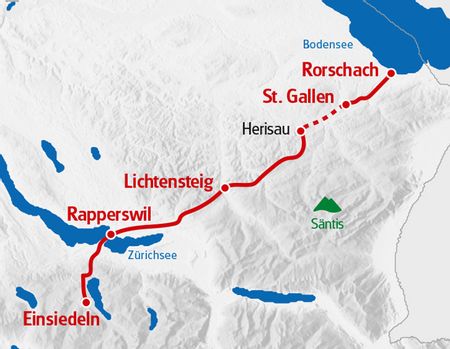Via Jacobi Rorschach - Einsiedeln. Route in roter Farbe auf der Karte markiert.
