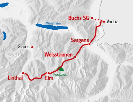 Via Alpina Ostschweiz. Tourenkarte für die Route von Buchs, St.Gallen nach Linthal.