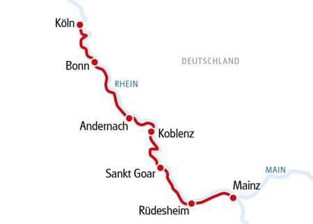 Rad-Schiff-Route Köln-Mainz mit einem roten Strich auf einer weissen Karte eingezeichnet.