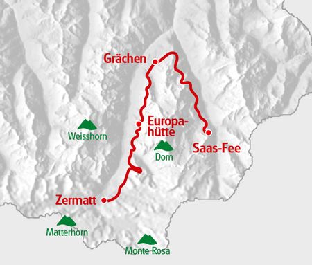 Swiss Tour Monte Rosa Route in roter Farbe auf der Karte markiert.