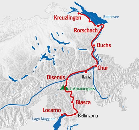  Bodensee - Laggo Maggiore Route in rot auf der Karte markiert.