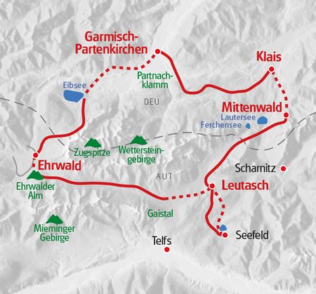 Route Zugspitze in roter Farbe auf der Karte markiert.