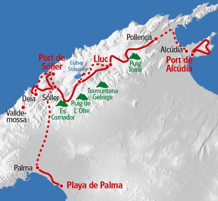 Karte mit der Wanderroute Mallorca Tramuntana, von Port de Alcudia nach Playa de Palma.