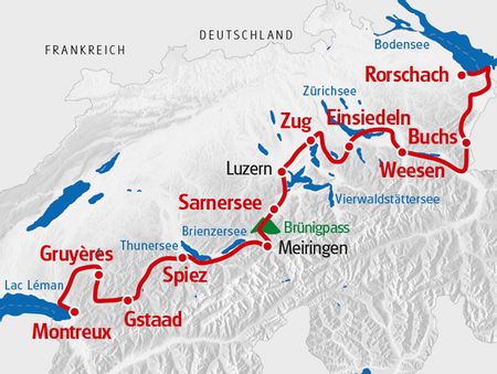Seen-Route vom Rorschach am Bodensee bis nach Montreux.