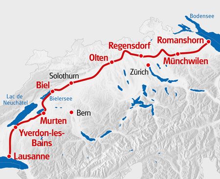 Wegbeschreibung der Mittelland-Route von Romanshorn am Bodensee nach Lausanne am Genfersee.